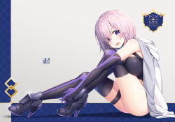 Rule 34 | 1girl, :d, black gloves, black thighhighs, boots, breasts, elbow gloves, fate/grand order, fate (series), from side, full body, glint, gloves, high heel boots, high heels, hood, hooded jacket, hoodie, hugging own legs, jacket, jacket on shoulders, large breasts, leotard, light purple hair, looking at viewer, mash kyrielight, masuishi kinoto, open mouth, purple eyes, short hair, sitting, smile, solo, thigh strap, thighhighs