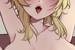 Rule 34 | 1girl, ahegao, armpits, blonde hair, blush, breasts, chiisaisan, genshin impact, large breasts, lumine (genshin impact), messy hair, neck, open mouth, simple background, solo, tongue, tongue out, unfinished