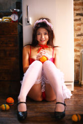 Rule 34 | 1girl, aizawa hitomi, apron, asian, bustier, cosplay, fishnet thighhighs, fishnets, food, fruit, highres, indoors, lingerie, looking at viewer, maid, maid apron, mary janes, orange (fruit), panties, photo (medium), shoes, thighhighs, underwear