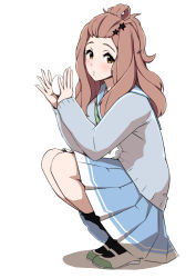 Rule 34 | 1girl, :/, black socks, blue sailor collar, blue skirt, blush, brown eyes, brown hair, cardigan, ccg842000, closed mouth, commentary request, egg, final fantasy, food, full moon, green neckerchief, grey cardigan, hair ornament, hair rings, hair slicked back, hibike! euphonium, highres, holding, holding egg, holding food, kenzaki ririka, kneehighs, liz to aoi tori, long hair, long sleeves, looking back, looking to the side, medium skirt, moon, neckerchief, sailor collar, shadow, shoes, simple background, skirt, socks, solo, star (symbol), star hair ornament, uwabaki, white background, white footwear
