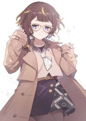 Rule 34 | 1girl, absurdres, anya melfissa, anya melfissa (casual), belt, braid, brown hair, coat, cowboy shot, glasses, highres, hkina7, hololive, hololive indonesia, miniskirt, multicolored hair, necktie, purple eyes, short hair, short necktie, side braid, skirt, solo, streaked hair, thighhighs, trench coat, virtual youtuber
