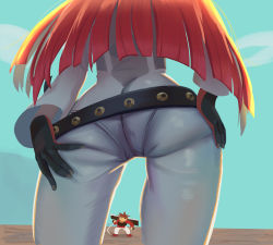 Rule 34 | 1girl, arc system works, ass, ass focus, cokeanut10, from behind, guilty gear, guilty gear strive, hand on own hip, highres, huge ass, jack-o&#039; valentine, pantylines, sol badguy, standing, thigh gap, view between legs