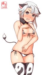 Rule 34 | 1girl, akishimo (kancolle), alternate costume, animal ears, animal print, artist logo, asymmetrical hair, bell, bikini, black eyes, blush, breasts, commentary request, cow ears, cow horns, cow print, cow tail, cowbell, cowboy shot, dated, embarrassed, fake animal ears, fake horns, fake tail, gradient hair, hair ornament, highres, horns, kanon (kurogane knights), kantai collection, leaf hair ornament, looking at viewer, multicolored hair, neck bell, one-hour drawing challenge, open mouth, print bikini, print thighhighs, short hair, short hair with long locks, silver hair, simple background, small breasts, solo, standing, sweatdrop, swimsuit, tail, thighhighs, white background
