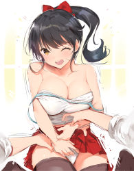 Rule 34 | 1girl, black hair, breasts, brown hair, camisole, cleavage, collarbone, commentary request, hair ribbon, large breasts, laughing, long hair, looking at viewer, navel, original, panties, pleated skirt, ponytail, red skirt, ribbon, simple background, skirt, stomach, strap slip, thighhighs, tickling, tickling legs, tickling stomach, underwear, white camisole, white panties, yaegashi nan