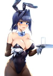 Rule 34 | 1girl, absurdres, animal ears, bare shoulders, bingsardina, black leotard, blue bow, blue bowtie, blue eyes, blue hair, blush, bow, bow earrings, bowtie, breasts, brown pantyhose, chain, chain headband, cleavage, cowboy shot, cup, detached collar, detached sleeves, earrings, fake animal ears, hair intakes, head chain, highres, holding, holding tray, holocouncil, hololive, hololive english, jewelry, large breasts, leotard, long sleeves, looking away, open mouth, ouro kronii, pantyhose, playboy bunny, rabbit ears, short hair, simple background, solo, standing, strapless, strapless leotard, tray, virtual youtuber, white background
