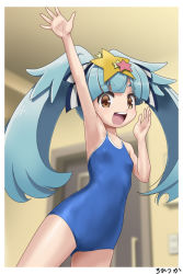 Rule 34 | 10s, 1girl, :d, arm up, bare arms, bare shoulders, blue hair, blue one-piece swimsuit, blurry, blurry background, breasts, brown eyes, commentary request, competition school swimsuit, depth of field, door, gender request, genderswap, genderswap (otf), hair ornament, hand up, hoshikawa lily, indoors, long hair, looking at viewer, one-piece swimsuit, open mouth, rohitsuka, round teeth, school swimsuit, small breasts, smile, solo, standing, star (symbol), star hair ornament, swimsuit, teeth, twintails, upper teeth only, very long hair, zombie land saga