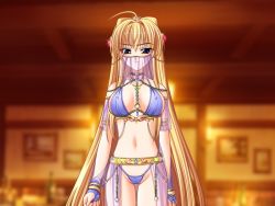 Rule 34 | 1girl, ahoge, arabian clothes, belly dancer, blonde hair, blue eyes, breasts, chain, choker, cowboy shot, female focus, hair ornament, harem outfit, inda no himekishi jeanne, indoors, jeanne grenoble, jewelry, large breasts, long hair, midriff, narrow waist, navel, see-through, solo, tagme, thigh gap, thighs, uncensored, veil, very long hair