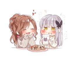 Rule 34 | 2girls, :3, :d, ^ ^, animal print, bad id, bad pixiv id, bang dream!, blush, brown hair, butterfly hair ornament, cat print, checkerboard cookie, chibi, closed eyes, cookie, cup, earrings, eating, food, grey hair, grey sweater, hair ornament, half updo, head rest, heart, holding, holding cup, imai lisa, jewelry, kamesuke (turtle0124), long sleeves, milk, minato yukina, multiple girls, open mouth, plate, rabbit earrings, ribbed sweater, shirt, smile, sweater, upper body, white background, white shirt, yellow eyes
