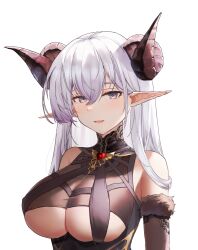 Rule 34 | 1girl, absurdres, albion (azur lane), albion (silvermoon faerie princess) (azur lane), ar-gand, azur lane, bare shoulders, breasts, brown horns, clothing cutout, curled horns, demon horns, fur trim, gem, hair between eyes, heart-shaped gem, highres, horns, large breasts, long hair, looking at viewer, official alternate costume, pointy ears, purple eyes, red gemstone, simple background, solo, underboob, underboob cutout, upper body, white background, white hair