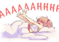 Rule 34 | 1girl, alternate costume, bed, blanket, blonde hair, breasts, closed eyes, fangs, flandre scarlet, hands up, lying, navel, on back, open mouth, pillow, screaming, shaking, side ponytail, solo, stretching, touhou, under covers, white background, yoruny