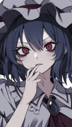 1girl ascot biting_own_finger blue_hair brooch collared_shirt commentary_request finger_in_own_mouth frilled_shirt_collar frills hair_between_eyes hat hat_ribbon highres jewelry looking_at_viewer mob_cap puffy_short_sleeves puffy_sleeves red_ascot red_eyes red_ribbon remilia_scarlet ribbon shirt short_hair short_sleeves slra solo touhou upper_body