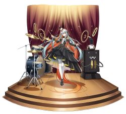 Rule 34 | 1girl, absurdly long hair, absurdres, alternate costume, band uniform, braid, counter:side, curtains, cymbals, drum, drum set, drumsticks, full body, hat, highres, honeycomb (pattern), instrument, long hair, looking at viewer, machine-g.a.p., multicolored hair, official alternate costume, official art, one eye closed, orange hair, red eyes, robot, shako cap, sigma (counter:side), silver hair, smile, sparkle, tachi-e, transparent background, very long hair, white legwear