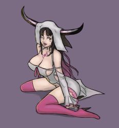 Rule 34 | 10s, 1girl, bad deviantart id, bad id, bare shoulders, black hair, boots, breast tattoo, breasts, cleavage, detached sleeves, facial mark, fate/extra, fate/extra ccc, fate (series), forehead mark, gradient hair, habit, headdress, high heel boots, high heels, horns, large breasts, lips, lipstick, long hair, makeup, multicolored hair, nail polish, penelope and me, pink footwear, pink thighhighs, purple hair, purple lips, revealing clothes, sessyoin kiara, sideboob, sitting, solo, stiletto heels, tattoo, thigh boots, thighhighs, wariza, yellow eyes