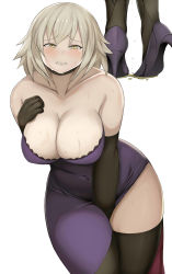 Rule 34 | 1girl, absurdres, bare shoulders, between legs, black gloves, black neckwear, black thighhighs, blush, breasts, choker, cleavage, clenched teeth, collarbone, covered navel, curvy, dress, elbow gloves, fate/grand order, fate (series), female focus, gloves, half-closed eyes, hand between legs, hand on own chest, hand up, have to pee, high heels, highres, jeanne d&#039;arc (fate), jeanne d&#039;arc alter (fate), jpeg artifacts, large breasts, looking at viewer, multiple views, navel, peeing, peeing self, pigeon-toed, platinum blonde hair, plump, purple dress, purple footwear, shoes, short hair, simple background, standing, strapless, strapless dress, sweat, tears, teeth, textless version, thick thighs, thighhighs, thighs, umagoya mochi, white background, wide hips, yellow eyes
