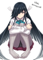 Rule 34 | 1girl, black hair, black panties, bow, bowtie, facing viewer, grey pantyhose, hair over one eye, halterneck, hayashimo (kancolle), highres, hime cut, hugging own legs, kantai collection, light smile, long hair, minarai, one-hour drawing challenge, panties, panties under pantyhose, pantyhose, school uniform, shirt, simple background, sitting, solo, twitter username, underwear, very long hair, white background, white shirt