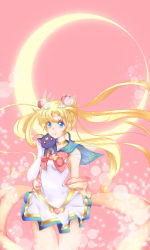 Rule 34 | 1990s (style), 1girl, absurdres, animal, animal on shoulder, bishoujo senshi sailor moon, blonde hair, blue eyes, blue sailor collar, bow, brooch, bunnyisaac, cat, cat on shoulder, choker, crescent moon, double bun, gloves, hair bun, hair ornament, hairpin, heart, heart brooch, highres, jewelry, long hair, luna (sailor moon), magical girl, moon, multicolored clothes, multicolored skirt, pink background, pleated skirt, red bow, retro artstyle, sailor collar, sailor moon, skirt, smile, super sailor moon, tiara, tsukino usagi, twintails, white gloves
