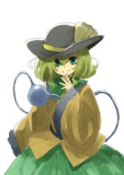 Rule 34 | black hat, bow, commentary request, green eyes, green hair, green skirt, hair between eyes, hat, hat bow, highres, komeiji koishi, long sleeves, looking at viewer, open mouth, short hair, simple background, skirt, smile, solo, tanaka nunu, third eye, touhou, white background, wide sleeves