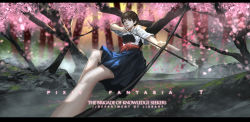 Rule 34 | 1girl, absurdres, aiming, armor, arrow (projectile), baka (mh6516620), bow, breastplate, brown hair, cherry blossoms, forest, highres, japanese clothes, lips, looking at viewer, nature, petals, pixiv fantasia, pixiv fantasia t, red eyes, solo, stairs, stream, tree