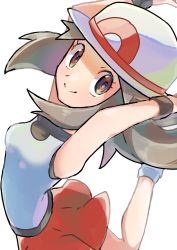 Rule 34 | 1girl, blue legwear, blue shirt, breasts, brown eyes, brown hair, bucket hat, closed mouth, commentary request, creatures (company), eyelashes, game freak, hair flaps, hat, highres, leaf (pokemon), long hair, looking at viewer, loose socks, nintendo, pokefia, pokemon, pokemon frlg, red skirt, shirt, simple background, skirt, sleeveless, sleeveless shirt, smile, socks, solo, white background, white hat, wristband