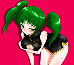 Rule 34 | 1girl, breasts, china dress, chinese clothes, cleavage, cleavage cutout, clothing cutout, dress, female focus, green eyes, green hair, hair bobbles, hair ornament, han (jackpot), kisume, matching hair/eyes, aged up, short hair, solo, touhou, twintails