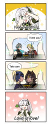Rule 34 | 2boys, 3girls, 4koma, angry, black hair, blonde hair, blue hair, buttons, candace (genshin impact), closed eyes, comic, dark-skinned female, dark skin, dehya (genshin impact), egyptian clothes, elf, english text, genshin impact, grey hair, hair ornament, hand gesture, heart button, highres, kalim al-asim, kaveh (genshin impact), looking at another, multiple boys, multiple girls, mygreenteacake, nahida (genshin impact), pointy ears, short hair with long locks, side ponytail, smile, sparkling eyes, speech bubble, thought bubble, white hair, yaoi, yuri