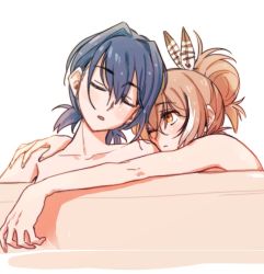 Rule 34 | 2girls, bathing, bathtub, blue hair, brmameng, brown eyes, brown hair, closed eyes, completely nude, feather hair ornament, feathers, hair bun, hair intakes, hair ornament, hand on another&#039;s shoulder, hololive, hololive english, looking at another, multicolored hair, multiple girls, nanashi mumei, nude, one eye closed, ouro kronii, short hair, short twintails, single hair bun, streaked hair, talking, twintails, virtual youtuber, yuri