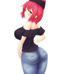 Rule 34 | 1girl, alternate costume, ass, bare shoulders, blush, breasts, denim, from behind, hat, hecatia lapislazuli, helmet, highres, huge ass, jeans, large breasts, looking at viewer, looking back, open mouth, pants, red eyes, red hair, short hair, sideboob, simple background, skin tight, solo, touhou, ui, white background