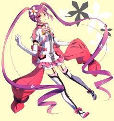 Rule 34 | 1girl, adapted costume, bad id, bad pixiv id, boots, bow, elbow gloves, flower, full body, gloves, hair flower, hair ornament, long hair, mayo., official alternate costume, purple eyes, purple hair, ribbon, skirt, solo, sophie (tales), tales of (series), tales of graces, thigh boots, thigh strap, thighhighs, twintails, white gloves, yellow background