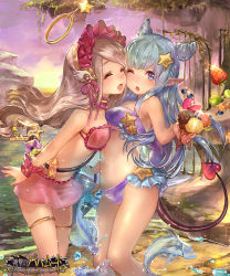 Rule 34 | 10s, 2girls, ;o, ^ ^, angel, angel and devil, angel wings, bikini, blue eyes, blue hair, blush, breast press, breasts, bridal garter, brown eyes, brown hair, cheek-to-cheek, closed eyes, demon tail, fish, flower, food, frilled bikini, frills, fruit, glint, hair ribbon, hairband, halo, heads together, heart, heart tail, holding, ice, ice cream cone, ice wings, key, leaning forward, liiko (lodougal), long hair, looking at viewer, multiple girls, navel, ocean, one eye closed, open mouth, pointy ears, ribbon, scales, shingeki no bahamut, short hair, skirt, sky, smile, standing, star (symbol), strawberry, swimsuit, tail, twintails, water, wings