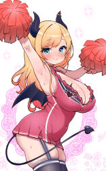 Rule 34 | 1girl, alternate costume, armpits, arms up, black thighhighs, blonde hair, blue eyes, blush, breasts, cheerleader, cleavage, commentary, covered navel, cowboy shot, demon girl, demon horns, demon tail, demon wings, from side, garter straps, highres, hololive, horns, kani bonara, lace, lace-trimmed thighhighs, large breasts, long hair, looking at viewer, pointy ears, pom pom (cheerleading), skindentation, smile, solo, swept bangs, symbol-only commentary, tail, thighhighs, virtual youtuber, white background, wings, yuzuki choco, zettai ryouiki