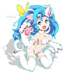 Rule 34 | 1girl, animal ears, animal hands, blue eyes, blue hair, breasts, bug, butterfly, capcom, cat ears, cat paws, cat tail, character name, fang, felicia (vampire), ichizen (o tori), insect, long hair, matching hair/eyes, navel, open mouth, solo, tail, vampire (game)