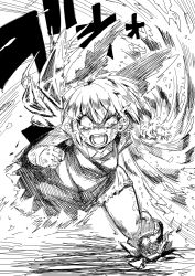 Rule 34 | 1girl, angry, bare arms, bow, cirno, clenched hand, constricted pupils, crying, crying with eyes open, dress, full body, furious, greyscale, hair bow, hands up, ice, ice wings, leaning forward, looking at viewer, monochrome, open mouth, sakurai energy, short hair, sketch, sleeveless, sleeveless dress, solo, sound effects, tears, touhou, wings