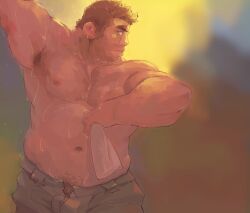 Rule 34 | 1boy, abs, absurdres, arm up, armpit peek, bara, belly, blurry, blurry background, bulge, cowboy shot, fat, fat man, from side, highres, koto (32456033), large pectorals, looking to the side, male focus, mature male, medium sideburns, muscular, muscular male, navel, nipples, open fly, original, pants, partially unzipped, pectorals, profile, pubic hair, pubic hair peek, short hair, sideburns, solo, stomach, sunset, sweat, topless male, ugly man, very sweaty