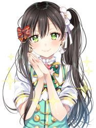 Rule 34 | 1girl, alternate hairstyle, bad id, bad pixiv id, bang dream!, blush, bow, cosplay, earrings, flower, gochuumon wa usagi desu ka?, green eyes, green neckwear, hair bow, hair flower, hair ornament, hair ribbon, hanazono tae, ito22oji, jewelry, looking at viewer, own hands clasped, own hands together, red bow, ribbon, short sleeves, side ponytail, sidelocks, simple background, smile, solo, sparkle, star (symbol), striped, striped bow, ujimatsu chiya, ujimatsu chiya (cosplay), upper body, white background, white ribbon