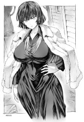 Rule 34 | 1girl, blunt bangs, blunt ends, breasts, coat, coat on shoulders, collarbone, collared dress, cowboy shot, dress, earrings, fubuki (one-punch man), fur coat, greyscale, hand on own hip, highres, jewelry, large breasts, long sleeves, looking at viewer, mogudan, monochrome, one-punch man, parted lips, short hair, solo