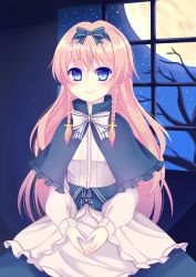 Rule 34 | 1girl, absurdres, apron, asusilver (artist), bare tree, blonde hair, blue bow, blue hair, blue skirt, bow, braid, capelet, closed mouth, corset, cross hair ornament, frills, full moon, hair between eyes, hair bow, hair ornament, harpae, highres, long hair, long sleeves, moon, night, night sky, own hands together, pocket mirror, shirt, skirt, sky, smile, solo, star (sky), starry sky, striped, striped bow, tree, twin braids, very long hair, waist apron, white bow, white shirt, window