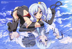 Rule 34 | 10s, 1girl, :o, absurdres, arsene, ass, back, back cutout, bare shoulders, black footwear, black gloves, black thighhighs, blue hair, blue sky, blush, boots, bow, breast press, breasts, buckle, cleavage, cleavage cutout, clothing cutout, cloud, crown, curly hair, day, different reflection, domino mask, drill hair, dual persona, dutch angle, elbow gloves, flower, frills, full body, gekijouban tantei opera milky holmes, gekijouban tantei opera mily holmes, gloves, hairband, unworn hairband, halterneck, henriette mystere, high collar, high heel boots, high heels, highres, holding, holding hands, holding mask, horizon, large breasts, leotard, lipstick, long sleeves, looking at viewer, magazine scan, makeup, mary janes, mask, unworn mask, megami magazine, mini crown, necktie, noda yasuyuki, non-web source, official art, outdoors, parted bangs, pelvic curtain, pencil skirt, purple eyes, red lips, reflection, rose, scan, school uniform, serafuku, shoes, short hair, short sleeves, side ponytail, sideboob, sidelocks, skirt, sky, strap, tantei opera milky holmes, thigh boots, thighhighs, top-down bottom-up, water, white flower, white rose