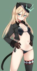 Rule 34 | 1girl, animal ears, black bra, black panties, black thighhighs, blonde hair, blush, bra, breasts, cat ears, collarbone, green eyes, groin, hat, heinrike prinzessin zu sayn-wittgenstein, highres, jacket, long hair, looking at viewer, medium breasts, military hat, momendoufu, montygl, navel, noble witches, open clothes, open jacket, open mouth, panties, solo, strike witches, tail, thighhighs, underwear, world witches series