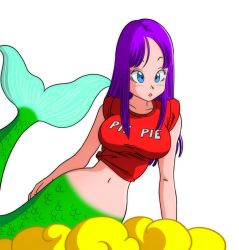 Rule 34 | 1girl, arm support, bare arms, blue eyes, blush, breasts, cloud, dragon ball, dragon ball (classic), female focus, large breasts, light blush, long hair, looking at viewer, lying, mermaid, mermaid (dragon ball), monster girl, navel, on cloud, on side, parted lips, purple hair, red shirt, shirt, sitting, sleeves rolled up, solo, standing, tied shirt, transparent background, yamamoto doujin
