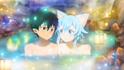 Rule 34 | 1boy, 1girl, absurdres, animal ears, black hair, blue hair, breasts, cat ears, cleavage, collarbone, completely nude, couple, hand on another&#039;s shoulder, hetero, highres, imminent kiss, kirinonsh, kirito, kirito (sao-alo), lantern, mixed-sex bathing, nude, outdoors, paper lantern, partially submerged, pointy ears, shared bathing, short hair, short hair with long locks, sidelocks, sinon (sao-alo), small breasts, sword art online, upper body