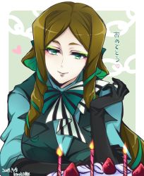 Rule 34 | 1girl, artist name, birthday, black gloves, black lips, bow, brown hair, cake, candle, chain, colored inner hair, dated, elbow gloves, eyeshadow, food, fruit, gloves, green eyes, green hair, hair ribbon, heart, highres, kiraki, lipstick, long hair, looking at viewer, makeup, multicolored hair, phara suyuf, puffy sleeves, ribbon, senki zesshou symphogear, smile, solo, strawberry, striped, translation request, two-tone hair, upper body