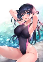 Rule 34 | 1girl, :o, armpits, arms behind head, arms up, ayamy, bare arms, bare shoulders, black hair, black one-piece swimsuit, blue eyes, breasts, commentary request, competition swimsuit, covered navel, hair ornament, highleg, highleg swimsuit, highres, large breasts, long hair, looking at viewer, miyawaki sana, multicolored hair, one-piece swimsuit, open mouth, original, poolside, sitting, solo, swimsuit, thighs, tongue, tongue out, two-tone hair, water, wet, x hair ornament