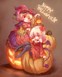 Rule 34 | 2girls, aki minoriko, aki shizuha, apron, arinu, black legwear, blonde hair, breast hold, breasts, brown footwear, capelet, cleavage, closed mouth, commentary request, demon tail, demon wings, fake horns, food, fruit, gradient hair, grapes, graphite (medium), happy halloween, hat, highres, horns, jack-o&#039;-lantern, lantern, large breasts, looking at viewer, medium breasts, multicolored hair, multiple girls, pantyhose, pink hat, pumpkin, purple hair, purple skirt, red eyes, shoes, siblings, sisters, sitting, skirt, smile, tail, tongue, tongue out, touhou, traditional media, wings, witch hat, yellow eyes