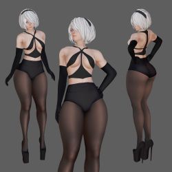 Rule 34 | 1girl, 3d, ass, black gloves, blue eyes, breasts, elbow gloves, gloves, grey background, hairband, hand on own hip, high heels, ihateasuka, medium breasts, mole, mole under mouth, multiple views, nier (series), nier:automata, pantyhose, thick thighs, thighs, white hair, wide hips, 2b (nier:automata)