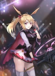Rule 34 | 1girl, absurdres, animal ears, arknights, black cape, black gloves, blonde hair, breasts, cape, gloves, highres, holding, jacket, long hair, looking at viewer, md5 mismatch, medium breasts, nayamer, open mouth, red cape, red eyes, resolution mismatch, skirt, sky, smile, solo, sora (arknights), source smaller, thighhighs, twintails, white thighhighs
