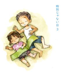 Rule 34 | 1boy, 1girl, bandaid, bare arms, bare legs, barefoot, black skirt, blanket, blue shorts, brother and sister, brown hair, child, closed eyes, drooling, hand on own stomach, ina (gonsora), lying, on back, original, parted lips, shared blanket, short hair, short sleeves, short twintails, shorts, siblings, side-by-side, skirt, sleeping, symmetrical pose, tank top, translation request, twintails, white background