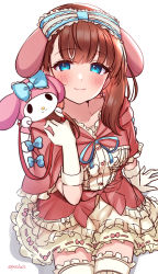 Rule 34 | absurdres, animal ears, arm support, blue bow, blue eyes, blush, bow, breasts, brown hair, cape, chiyosuke (nosuke21), commentary request, dress, earrings, elbow gloves, eyelashes, fake animal ears, frilled shirt, frilled skirt, frilled thighhighs, frills, gloves, hair bow, half-closed eyes, hand up, highres, idolmaster, idolmaster cinderella girls, jewelry, lolita fashion, looking at viewer, medium breasts, medium hair, onegai my melody, rabbit, rabbit ears, red bow, red cape, ribbon, sakuma mayu, sanrio, shirt, sitting, skirt, smile, solo, stuffed animal, stuffed toy, sweet lolita, thighhighs, thighs, waist bow, white dress, white gloves