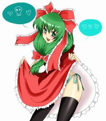 Rule 34 | 1girl, artist request, clothes lift, dress, dress lift, female focus, front ponytail, kagiyama hina, panties, side-tie panties, solo, thighhighs, touhou, underwear