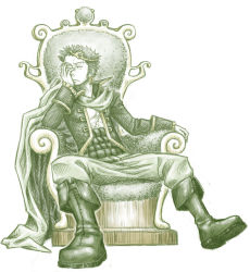 Rule 34 | 1boy, boots, chair, crown, earrings, green hair, hand rest, haramaki, head rest, jacket, jewelry, leaning, male focus, monochrome, muscular, one piece, open clothes, open shirt, roronoa zoro, scar, scarf, shirt, simple background, sitting, solo, syb, throne