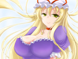 Rule 34 | 1girl, blonde hair, breasts, choker, cleavage, dress, female focus, hat, impossible clothes, impossible dress, large breasts, long hair, negamaro, solo, touhou, upper body, yakumo yukari, yellow eyes